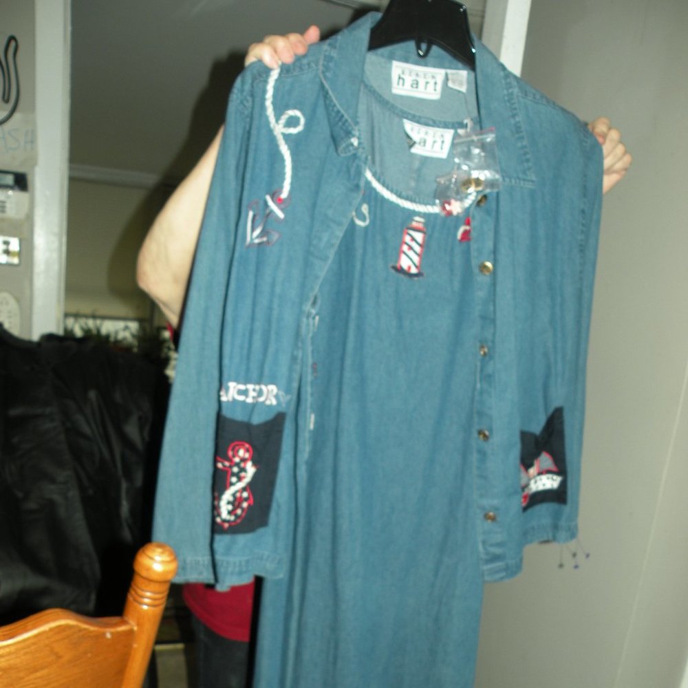 KAREN HART EMBROIDERY EMBELLISHED DENIM NWT NAUTICAL DRESS AND MATCHING JACKET M